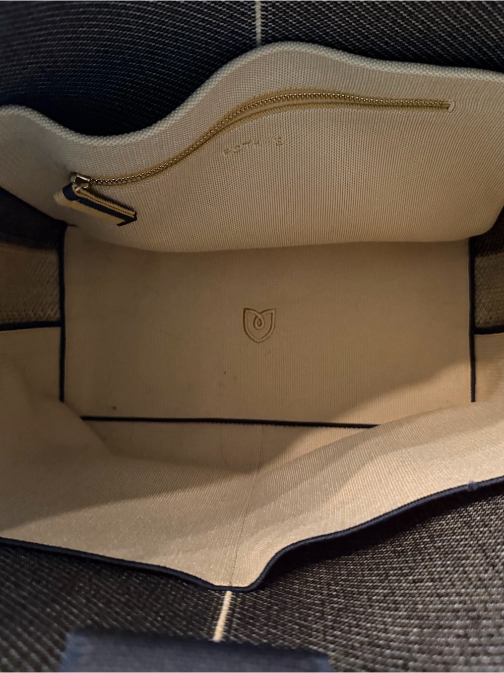 Rothy's Large Bucket Tote - Navy/Black, Tan, Gold Hardware - Picture 12 of 16